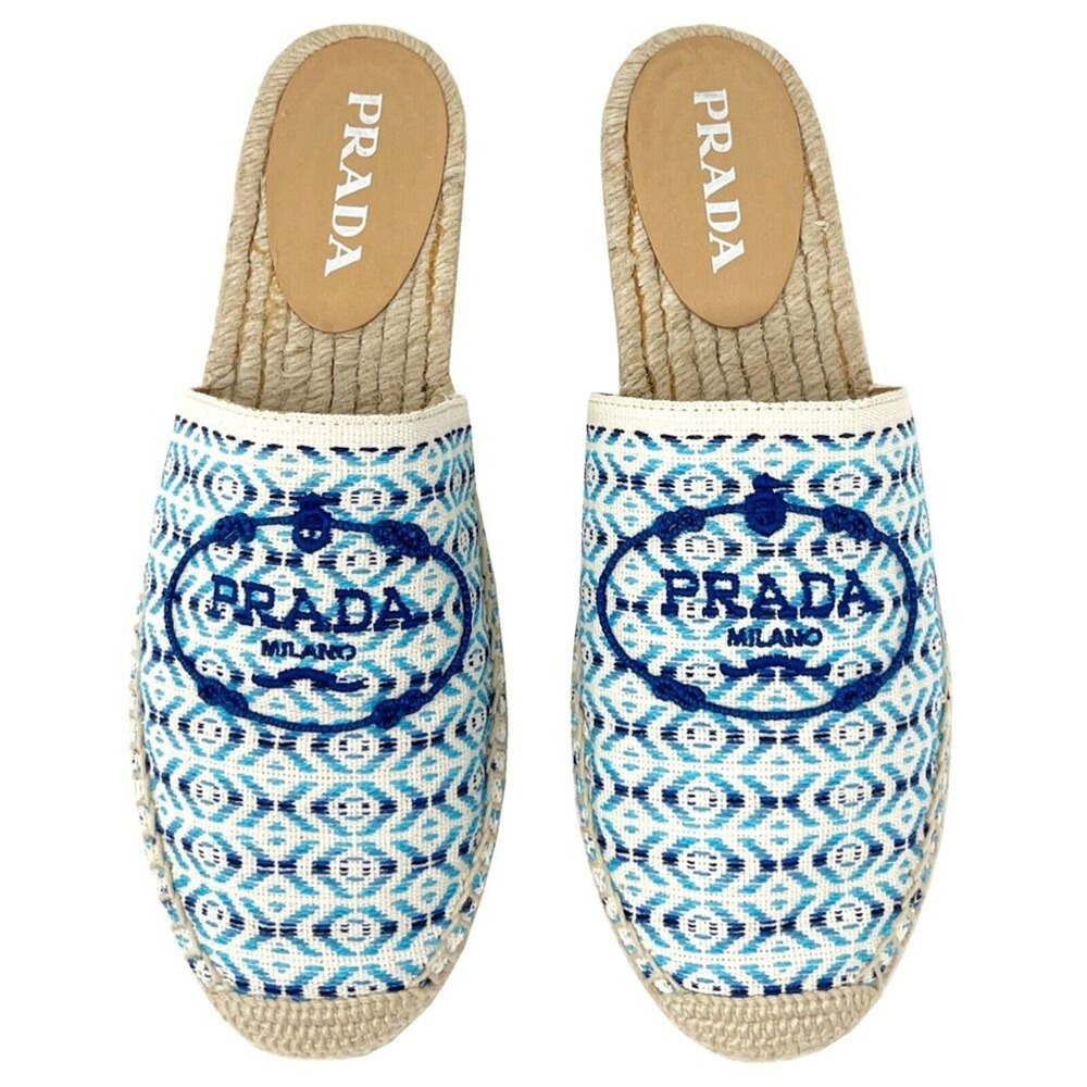 Prada Blue Embroidered Logo Pattern Espadrille Slides Size 38